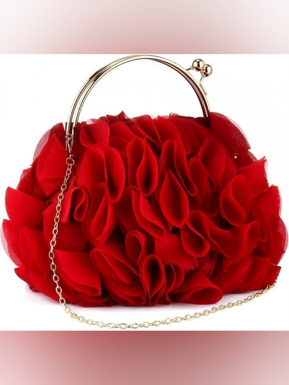 Elegant Floral Red Chiffon Evening Clutch Handbag with Gold Chain